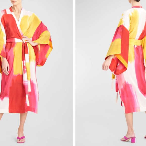 josie NATORI Robe + Slip Red Tye-Dye 100% Silk BEADED NWOT Small - Boho Couture - Picture 11 of 15